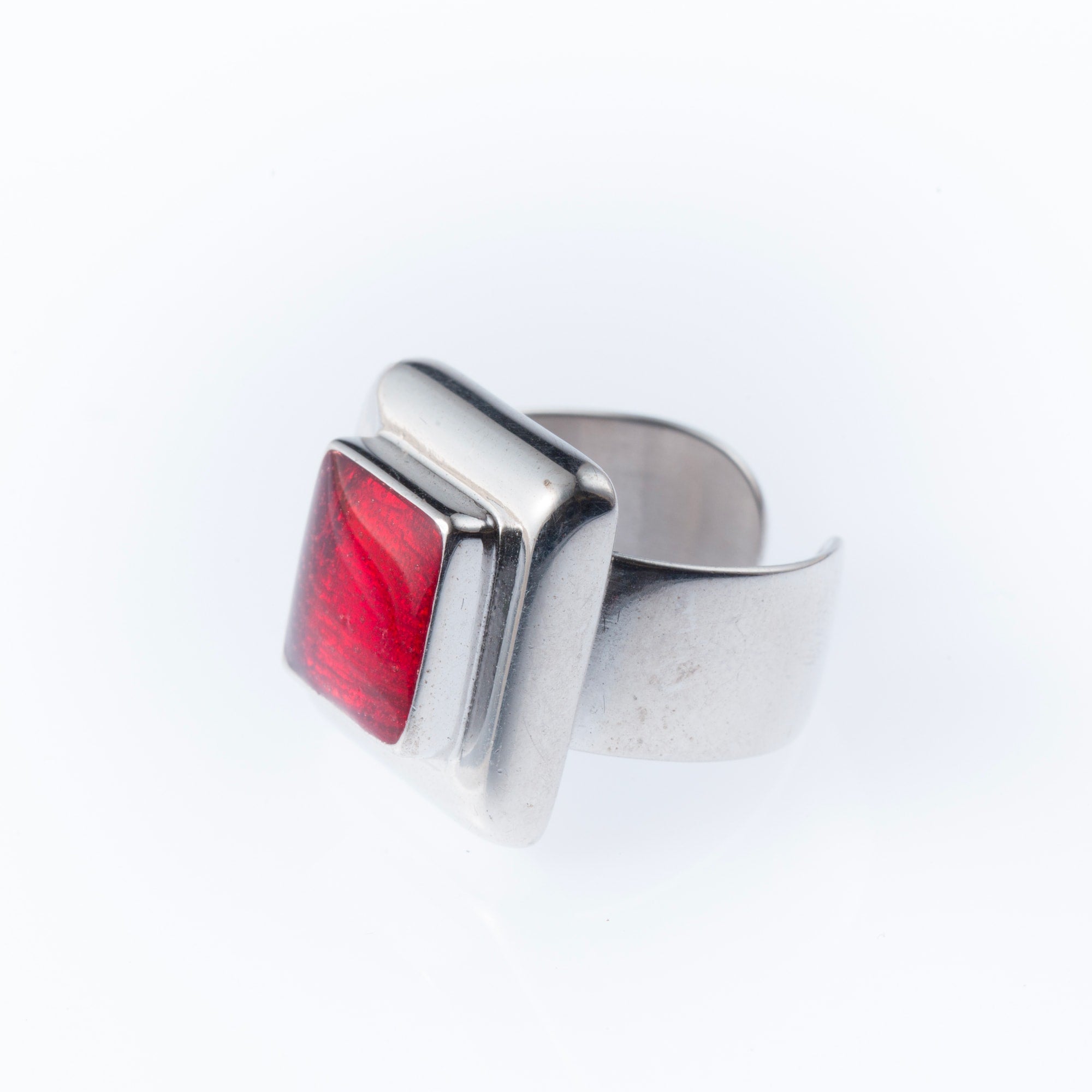Rhodium-Plated Silver Ring And Red Enamel - Bona Tondinelli Bijoux